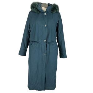 Gallery Down Parka Coat Women XS Green Pockets Fox Fur Hood Zip Up Winter VTG